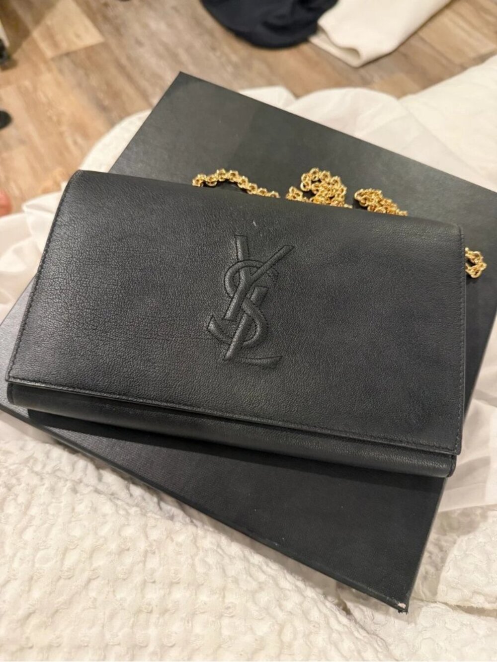 Saint Laurent Black Leather Monogram Wallet with Gold Chain